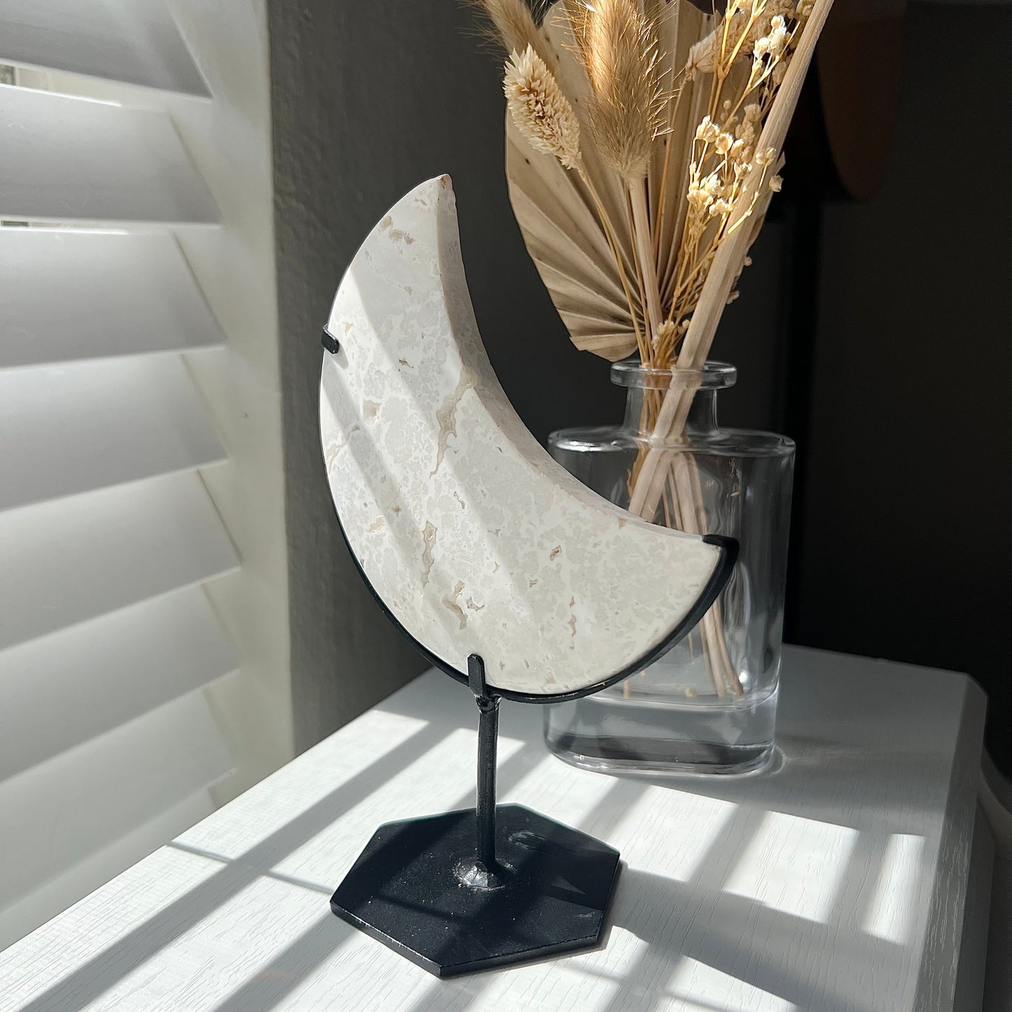 WHITE SNOW AGATE MOON ON STAND